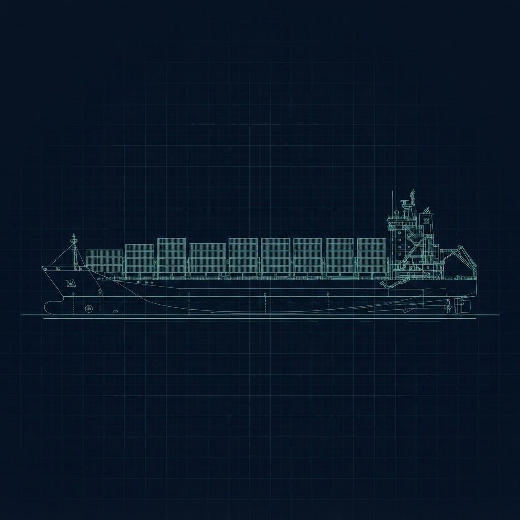 Technical schematic of a cargo vessel